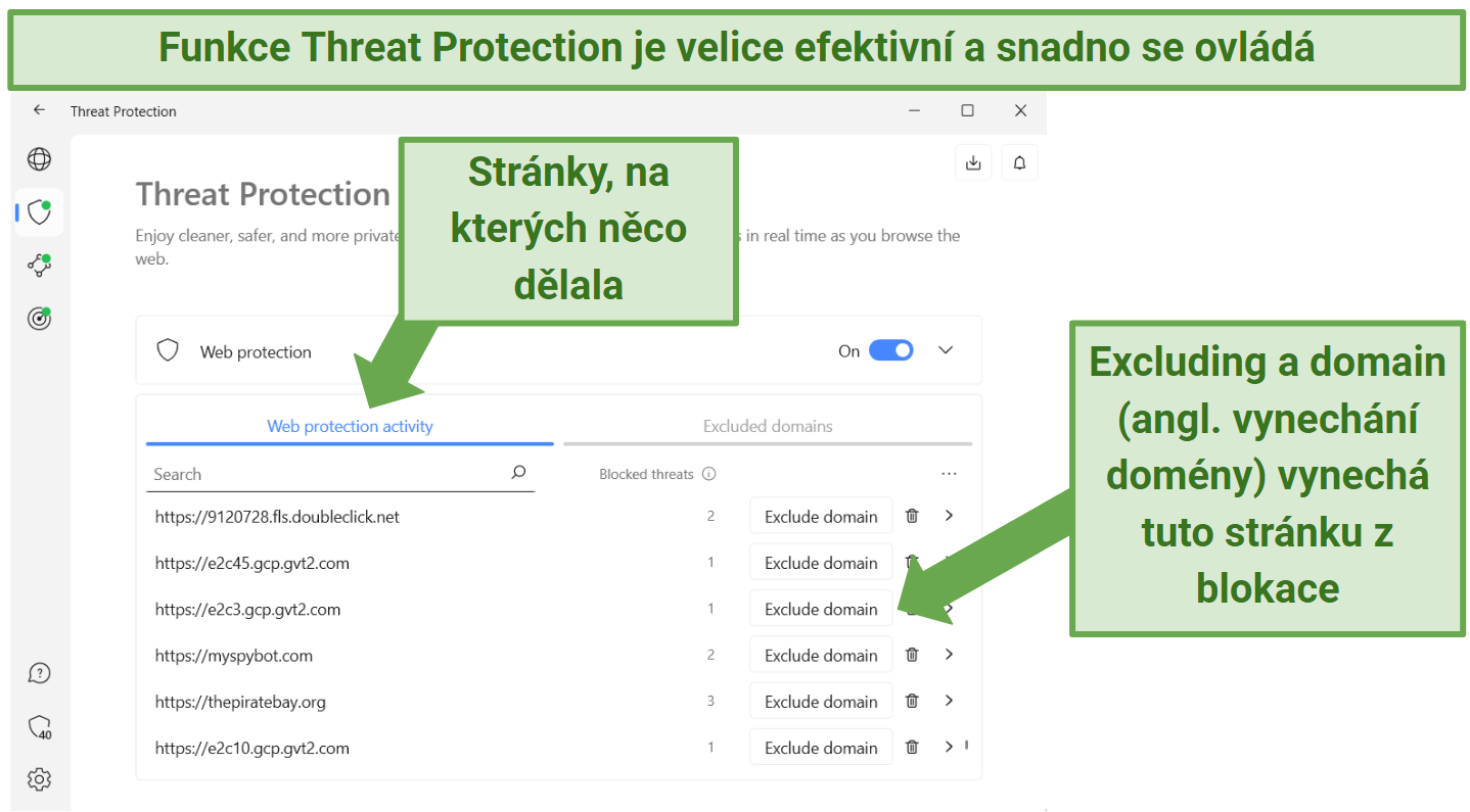 screenshot showing NordVPN's threat protection feature displaying which sites it blocked threats on