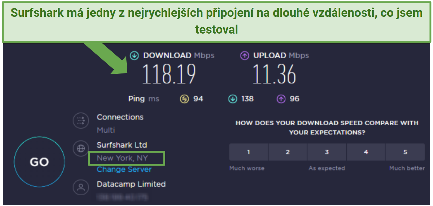 speed test result from Surfshark's New York server