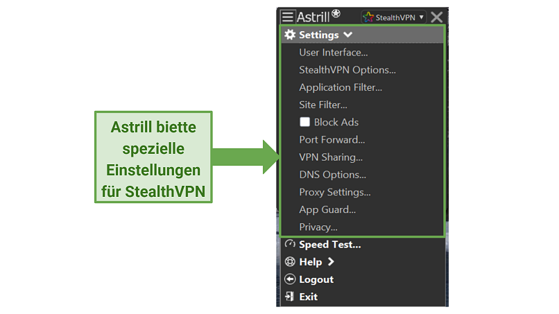 A screenshot showing Astrill's settings for StealthVPN