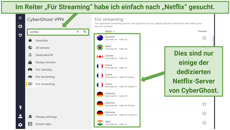 Screenshot displaying a list of CyberGhost's Netflix-optimized servers