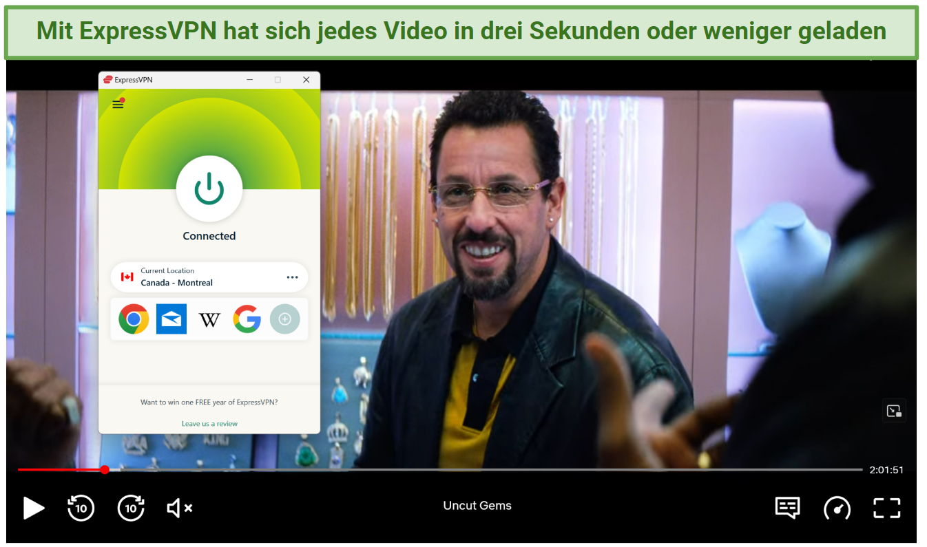 Screenshot of Netflix player streaming Uncut Gems while connected to ExpressVPN's Montreal server