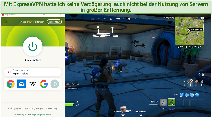 Screenshot of ExpressVPN working with Fortnite game
