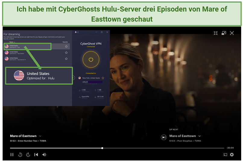 CyberGhost's Hulu-optimized streaming server unblocking Hulu