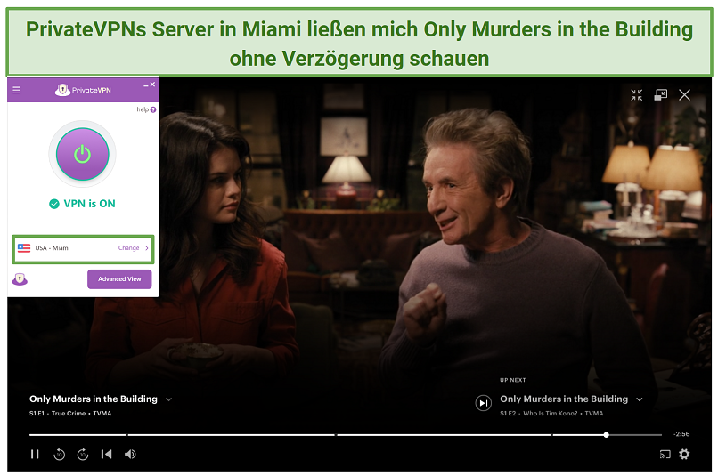 Screenshot of PrivateVPN's US servers unblocking Hulu