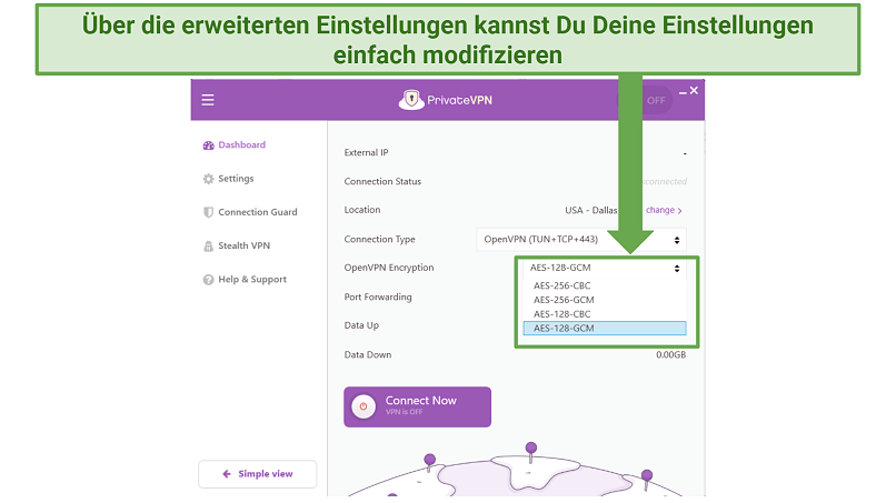 screenshot showing PrivateVPN's customizable security settings