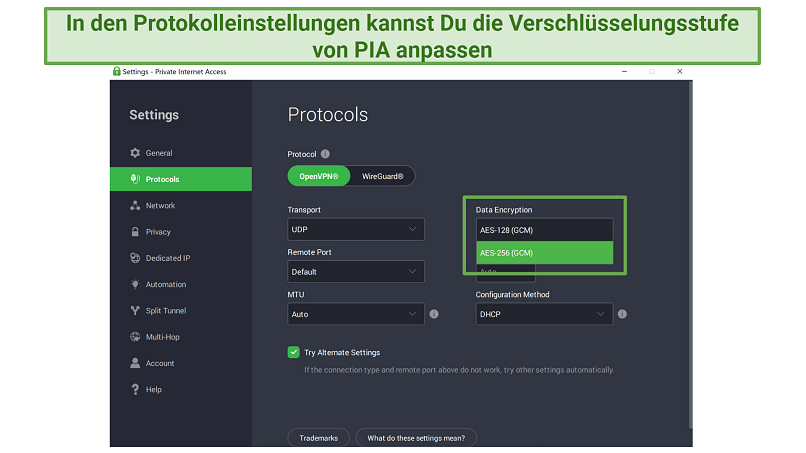 Screenshot of PIA's Windows app showing the protocol settings