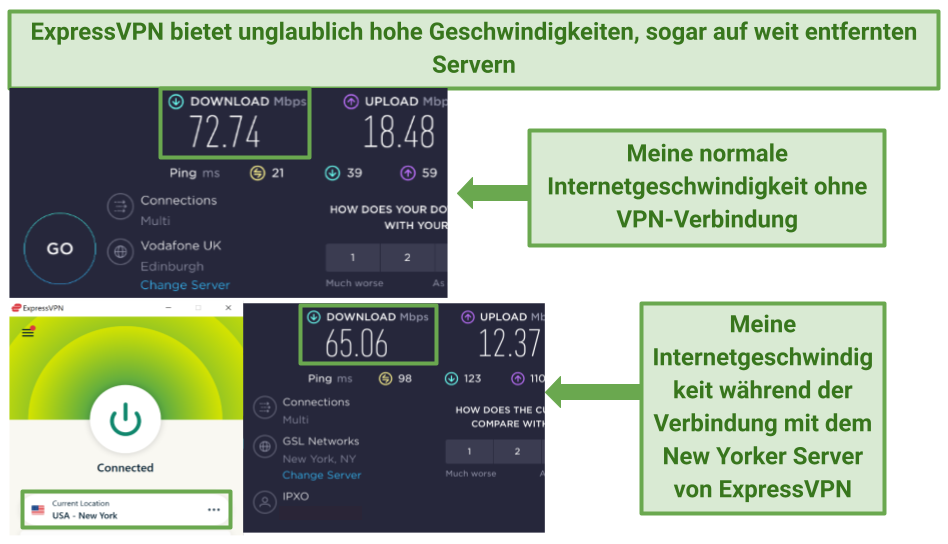 Screenshots of ExpressVPN's speed tests