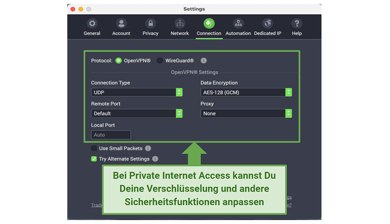 Graphic showing PIA security settings