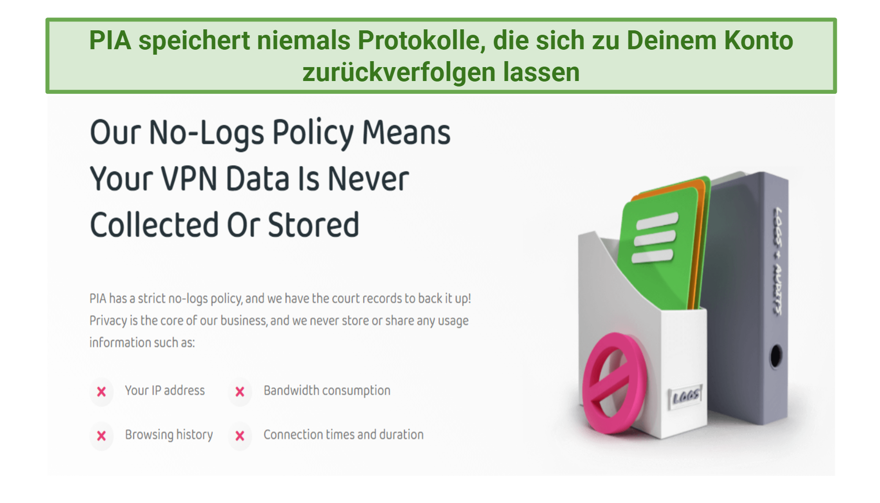 screenshot showing information about PIA's no logs policy