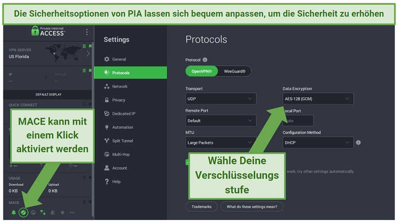 Private Internet Access' Windows app displaying the option to change the encryption level and enable MACE adblocker