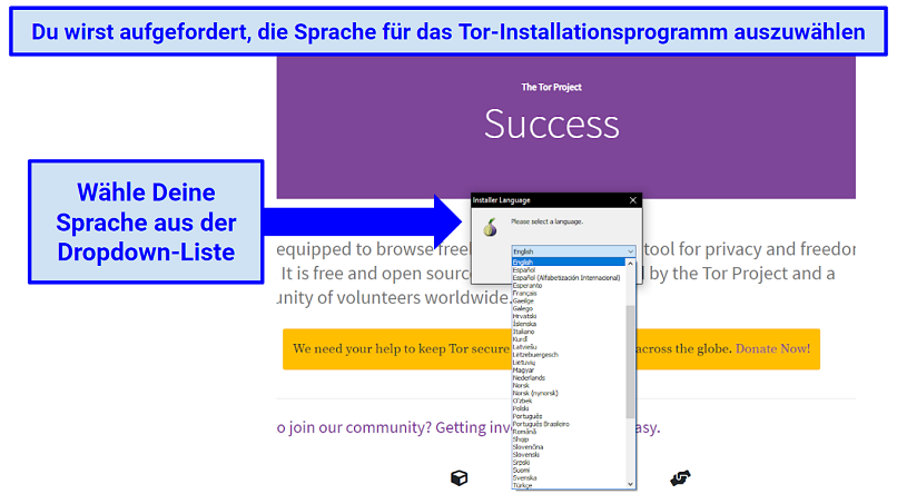 Instructions displaying how to select Tor's language preference