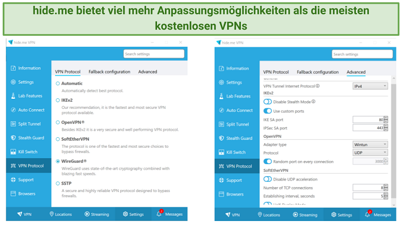 screenshot showing protocols available with hide.me free and all the customization options for each protocol