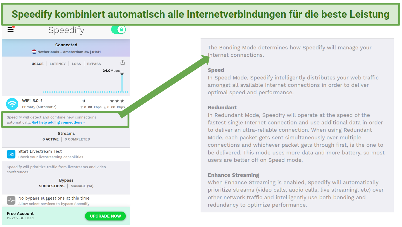 Screenshot showing bonding mode on Speedify's free VPN app