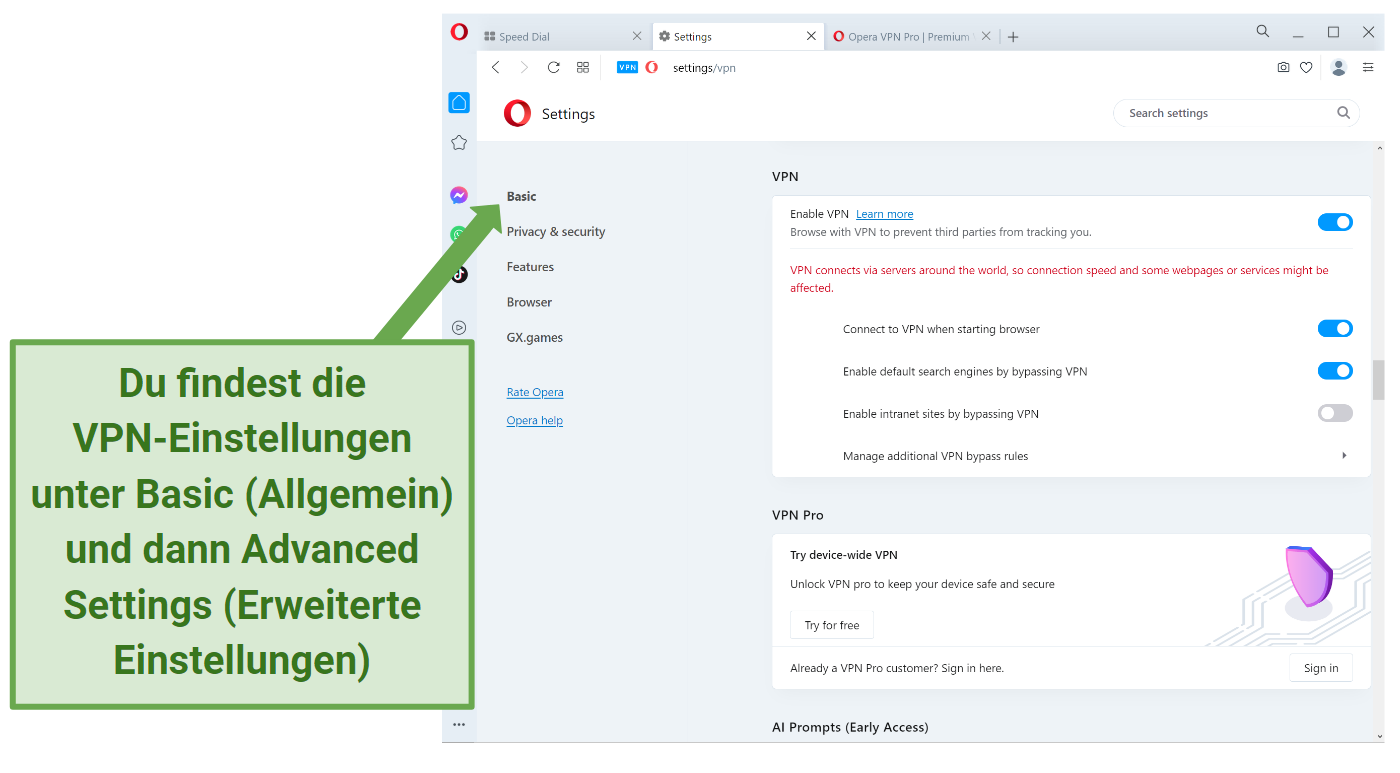 Screenshot showing the VPN setting in Opera VPN Free browser