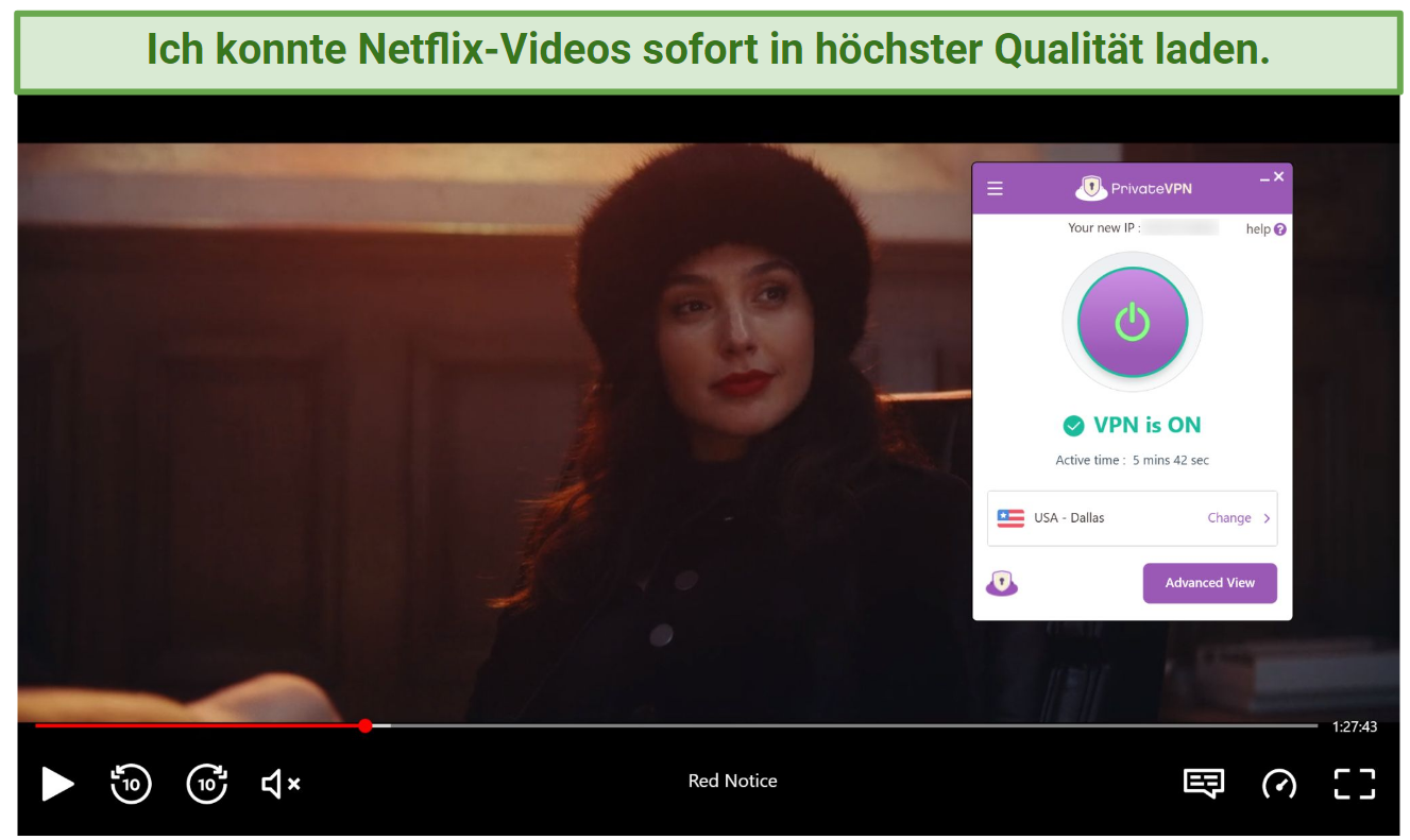 Screenshot of Netflix player streaming Red Notice while connected to PrivateVPN