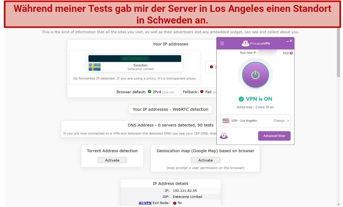 Screenshot of leak test performed on ipleak.net while connected to PrivateVPN