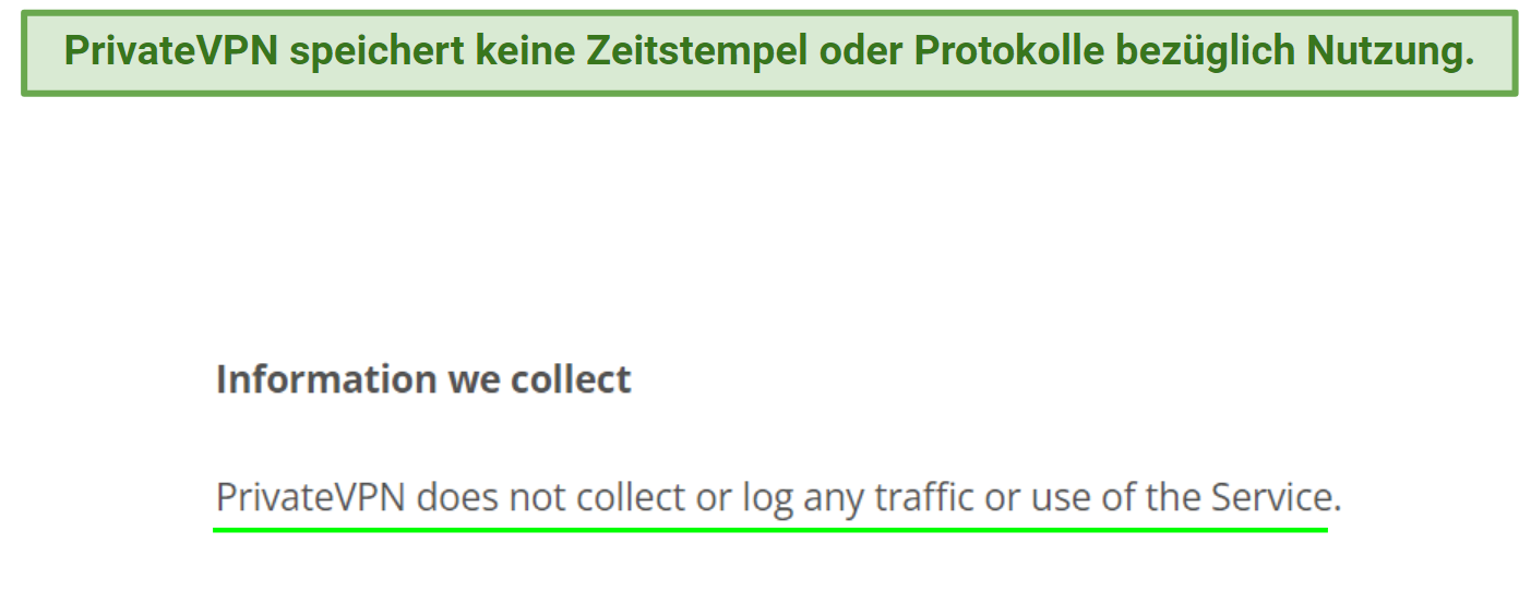 Screenshot of PrivateVPN's privacy policy highlighting the information it collects