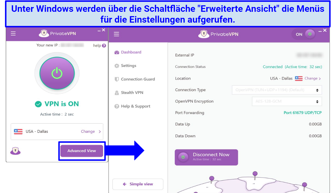 Screenshot of the PrivateVPN Windows app highlighting where the find the settings