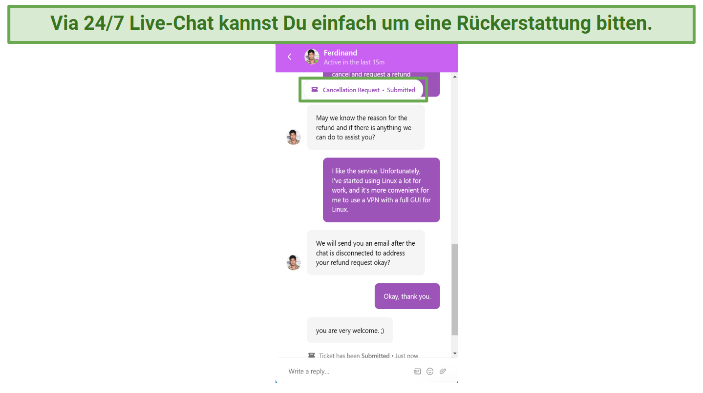 Screenshot of PrivateVPN live chat where I requested a refund