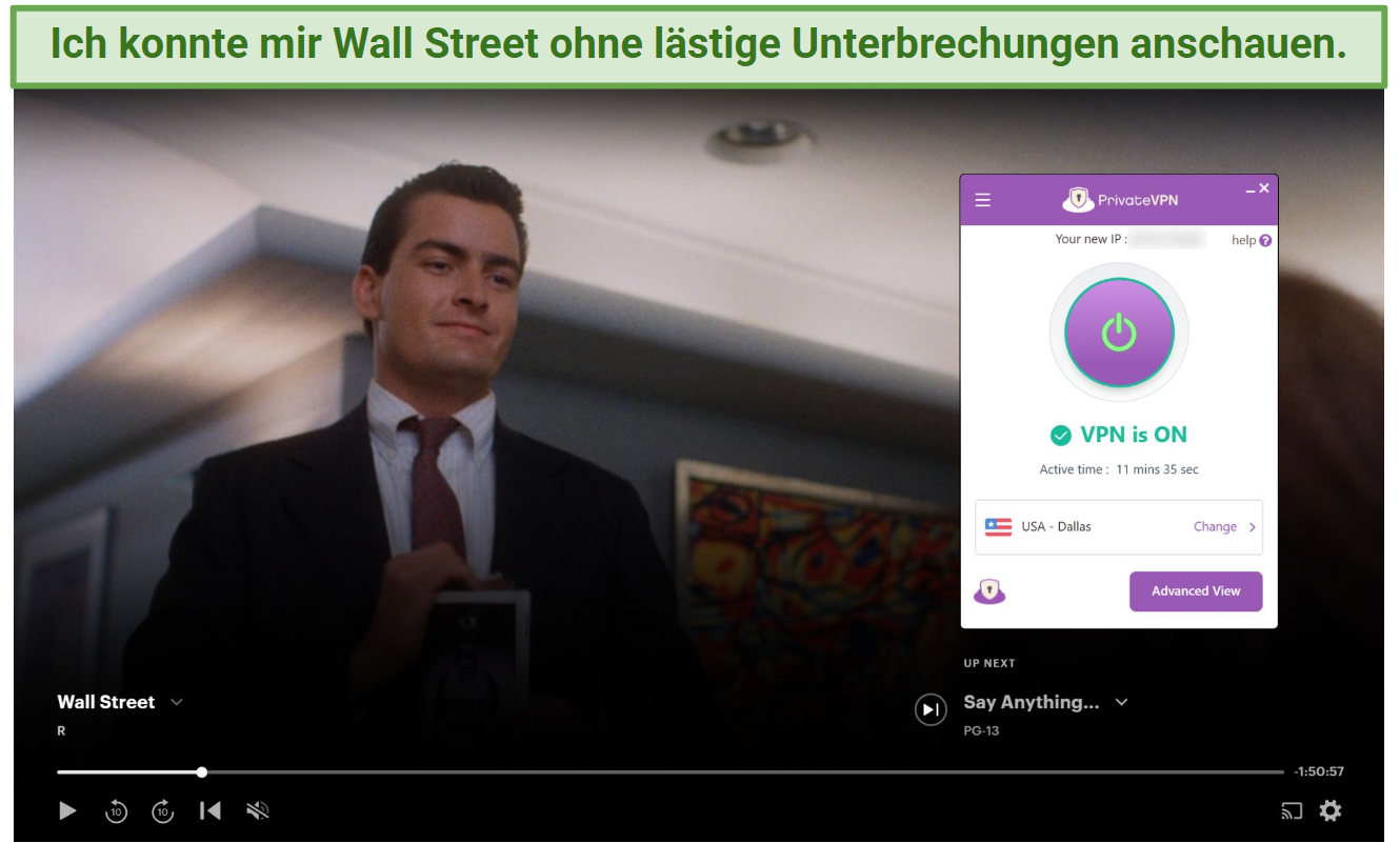 Screenshot of Hulu player streaming Wall Street while connected to PrivateVPN