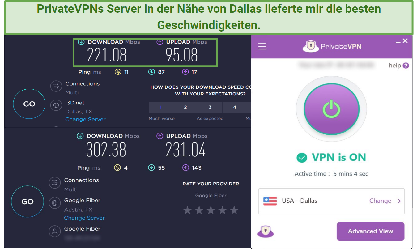 Screenshot of Ookla speed test results with PrivateVPN connected and disconnected