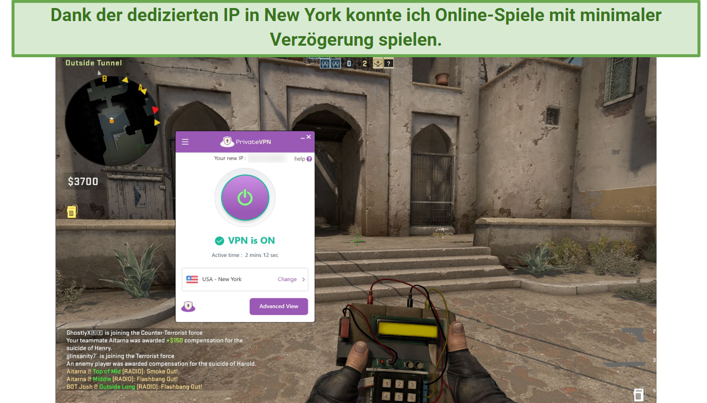 Screenshot of Steam running Counter-Strike Global Offensive while connected to PrivateVPN