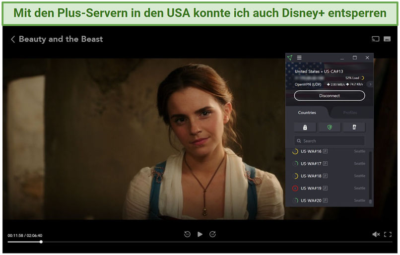 Screenshot of Disney+ player streaming Beauty and the Beast unblocked with Proton VPN 