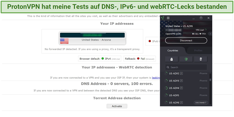 Screenshot of Proton VPN connected to the AZ#6 server during a test on ipleak.net