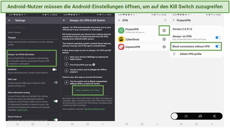 Screenshots of Proton VPN settings and Android settings needed to turn on kill switch