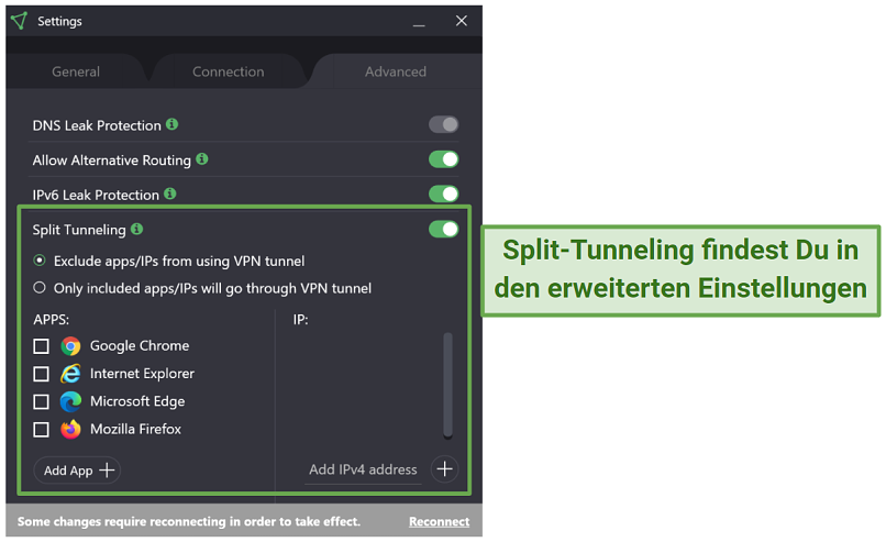 Screenshot of Proton VPN settings showing where to find split tunneling