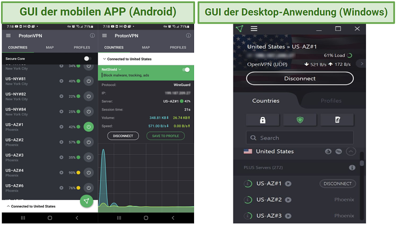 Screenshot of Proton VPN UIs for Windows and Android devices