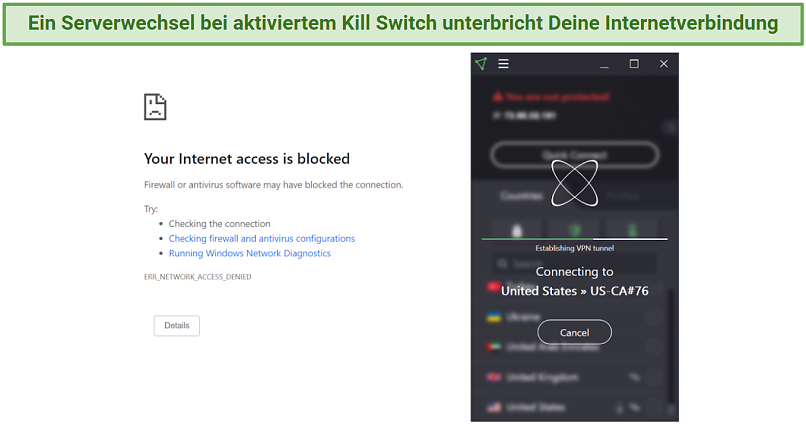 Screenshot of ipleak.net showing the kill switch blocking internet traffic while Proton VPN switched servers