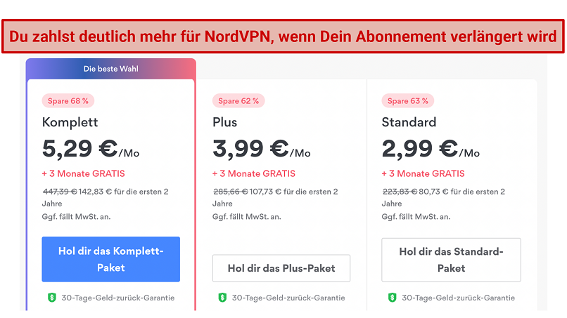 Screenshot showing NordVPN pricing with subscription renewal fee increases for 2 year plan