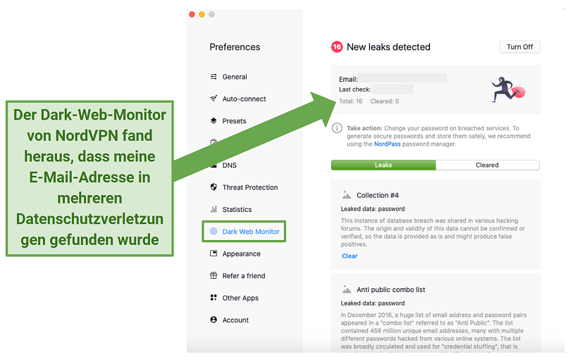 Screenshot of NordVPN's macOS app highlighting the Dark Web Monitor feature 