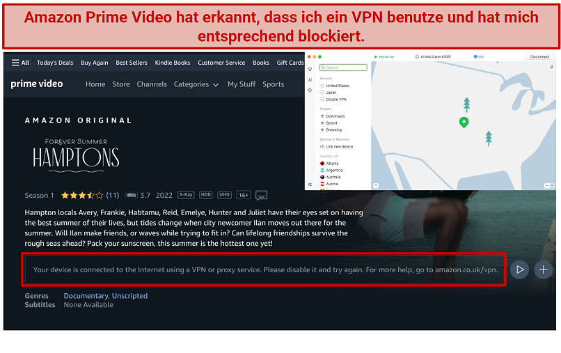 Screenshot of Amazon Prime Video error message received while connected to NordVPN 