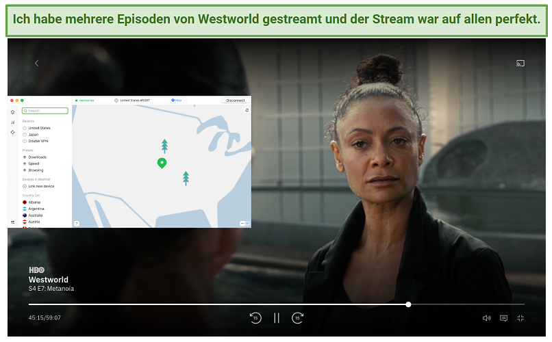 Screenshot of HBO Max player streaming Westworld while connected to NordVPN