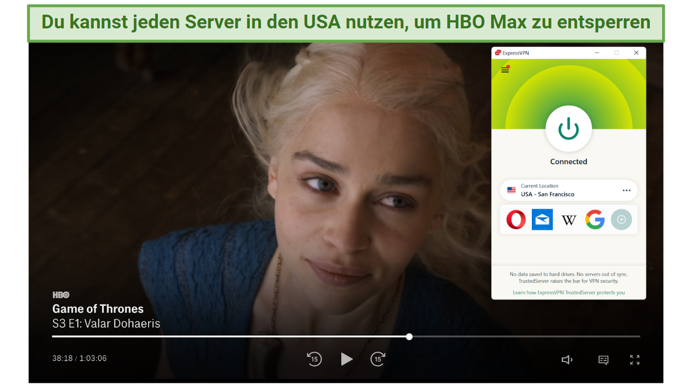 Screenshot of HBO Max player streaming Game of Thrones while connected to ExpressVPN 