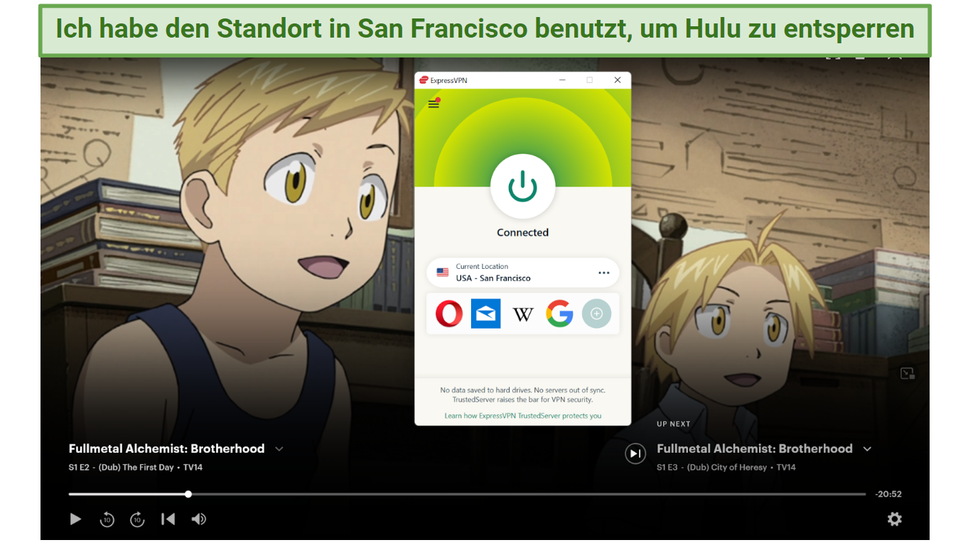 Screenshot of Hulu player streaming Fullmetal Alchemist Brotherhood while connected to ExpressVPN