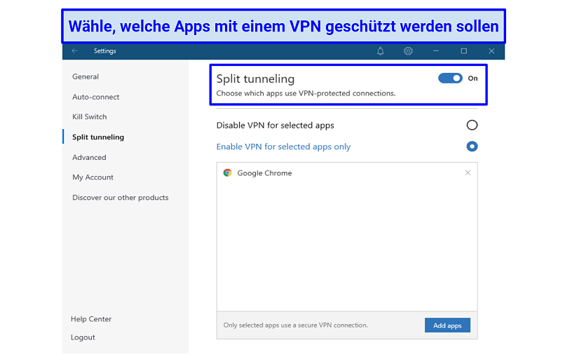 A screenshot of NordVPN's split tunneling settings