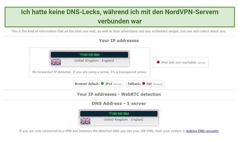 A screenshot of NordVPN's DNS leak tests