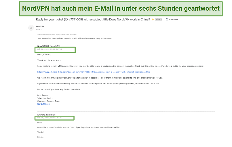A screenshot of NordVPN's reply after sending a question to customer support