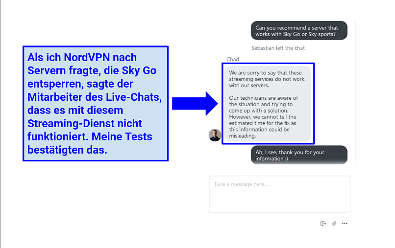 A screenshot of NordVPN live chat rep explaining that NordVPN doesn't work with SkyGO
