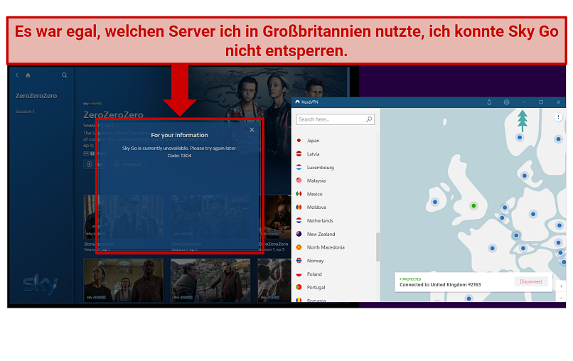 A screenshot of NordVPN not being able to unblock SkyGo