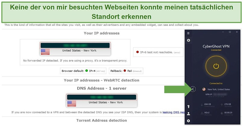 Screenshot of leak tests performed on IPleak.net while connected to CyberGhost