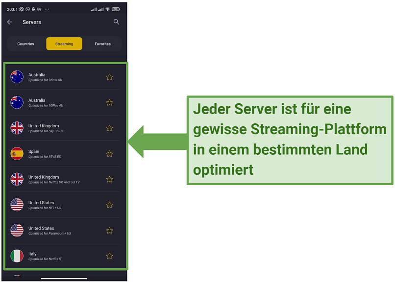 Screenshot of CyberGhost's Android app showing its streaming-optimized servers