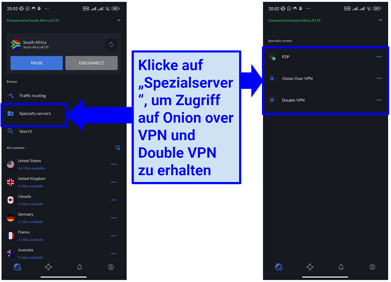 Screenshot of NordVPN's Android app showing its specialty servers and how to access them