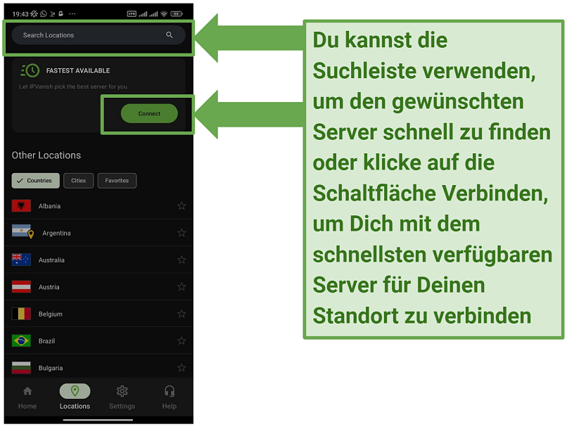 Screenshot of the IPVanish Android app showing the server location selection screen