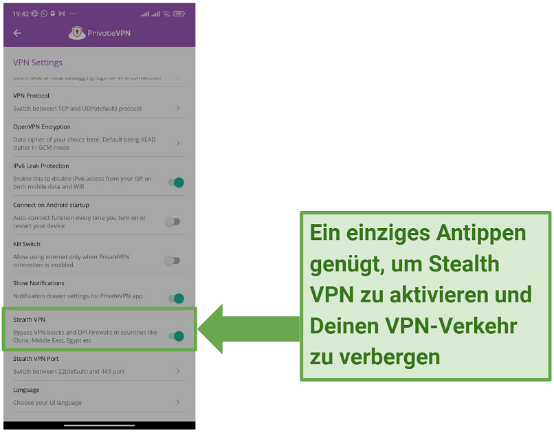 Screenshot of the settings page on the PrivateVPN Android app showing the Stealth VPN feature