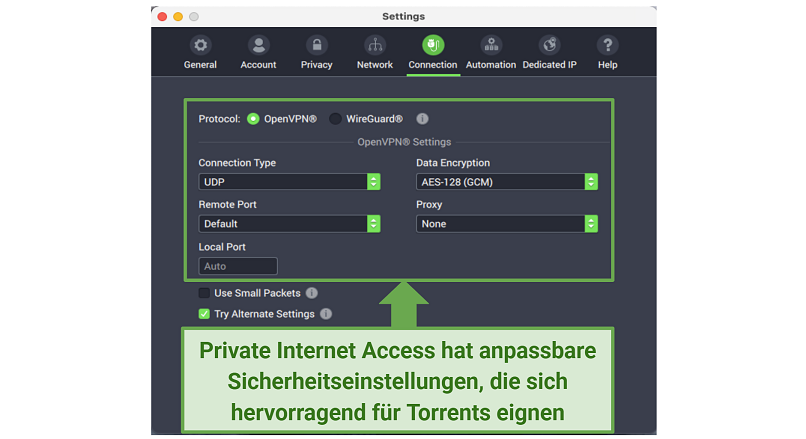 Graphic showing PIA security settings