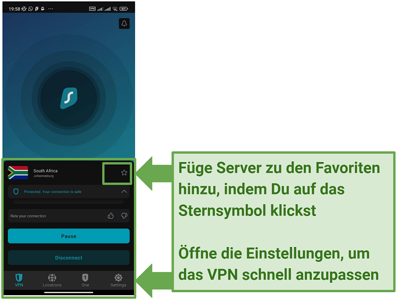 Screenshot of Surfshark's Android app showing the home page with the VPN connected to a South African server